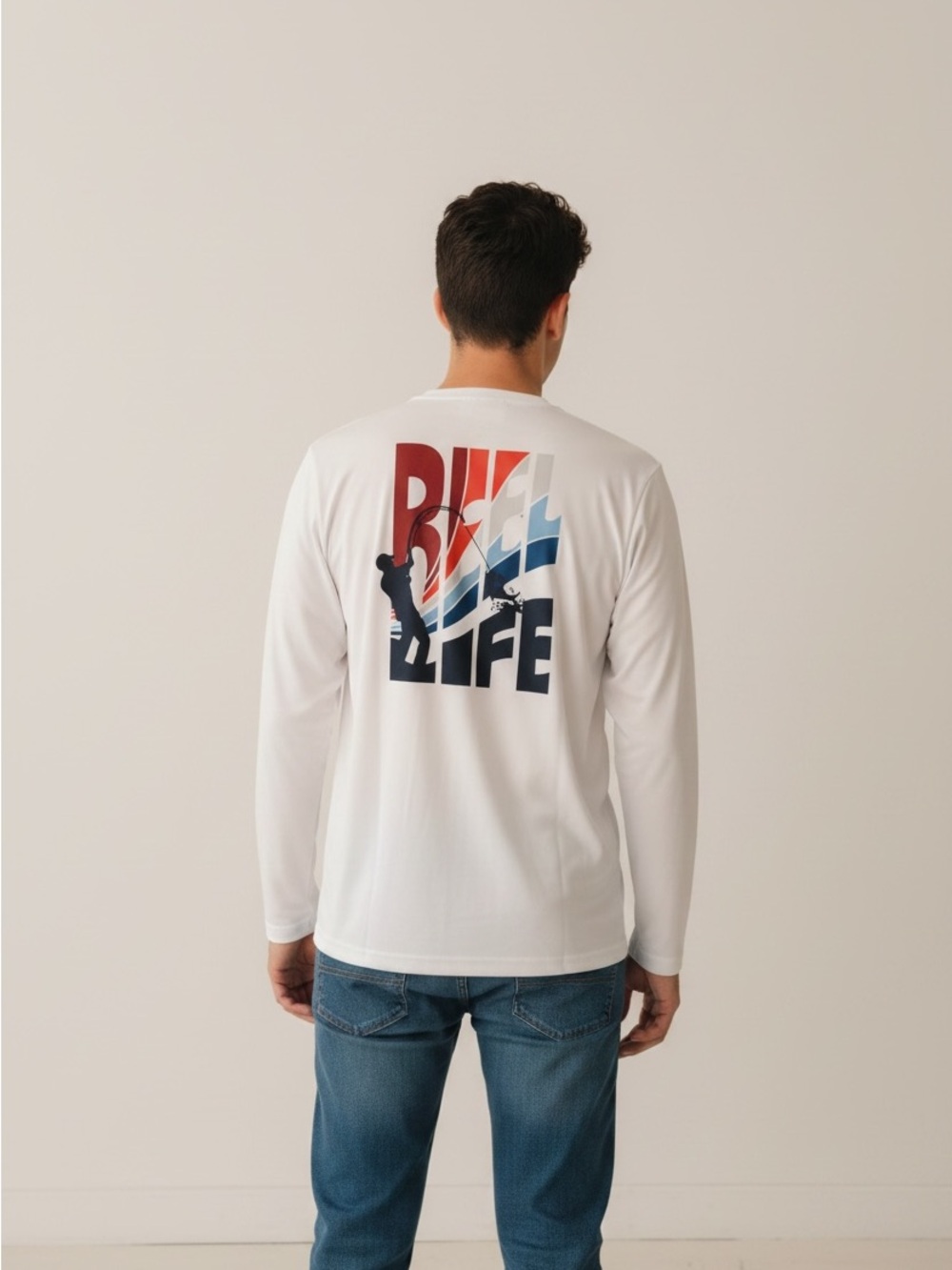 Men’s White 'Reel Life' Graphic Long-Sleeve Shirt- Small